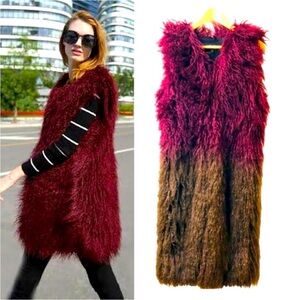 Topshop Burgundy to Brown Ombré Faux Fur Long Vest
